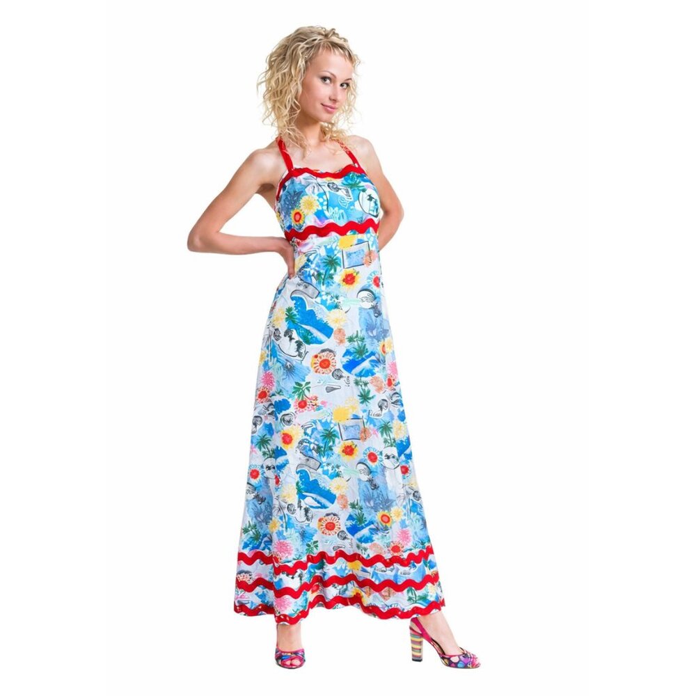 Maxi Sunset Blvd Halter Long Smocked Back Rick Ric Rack Sundress Sun Dress Large